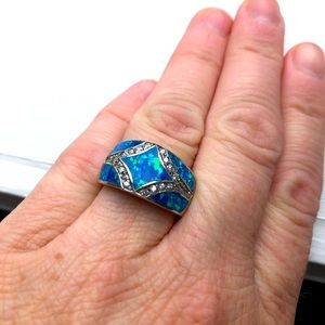 Ladies silver approx size 6 1/2 blue opal and cubic zirconia ring